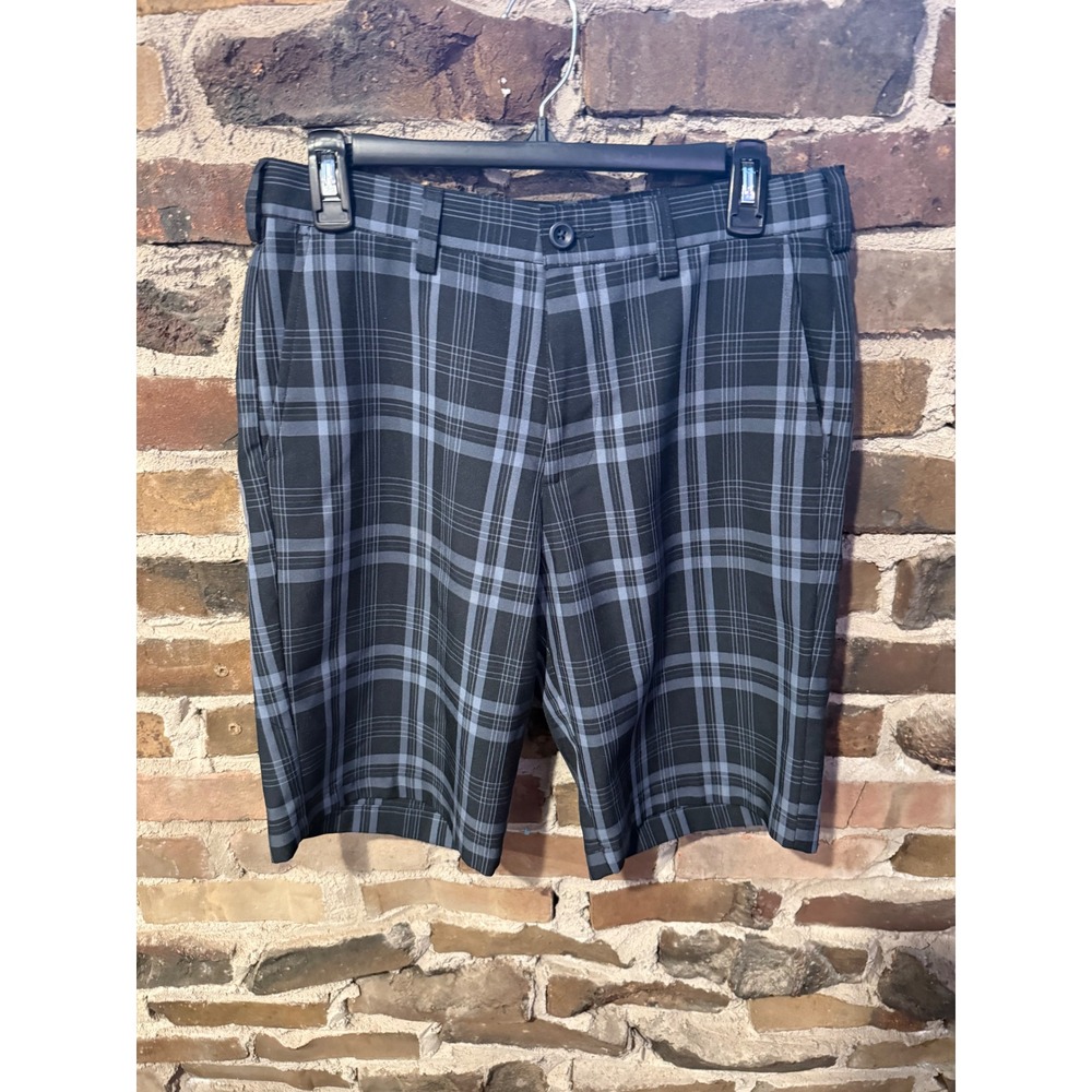 IZOD Golf Shorts Mens 30 Black Blue Plaid Preppy Sporty Chic Classic Flat Front
